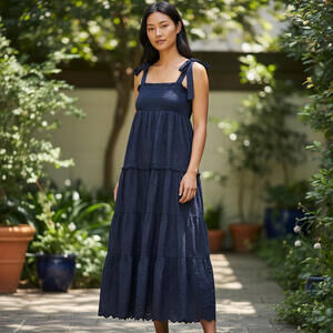 Jason Wu Tiered Embroidered Eyelet Maxi Dress Shoulder Bow Ties Navy XS